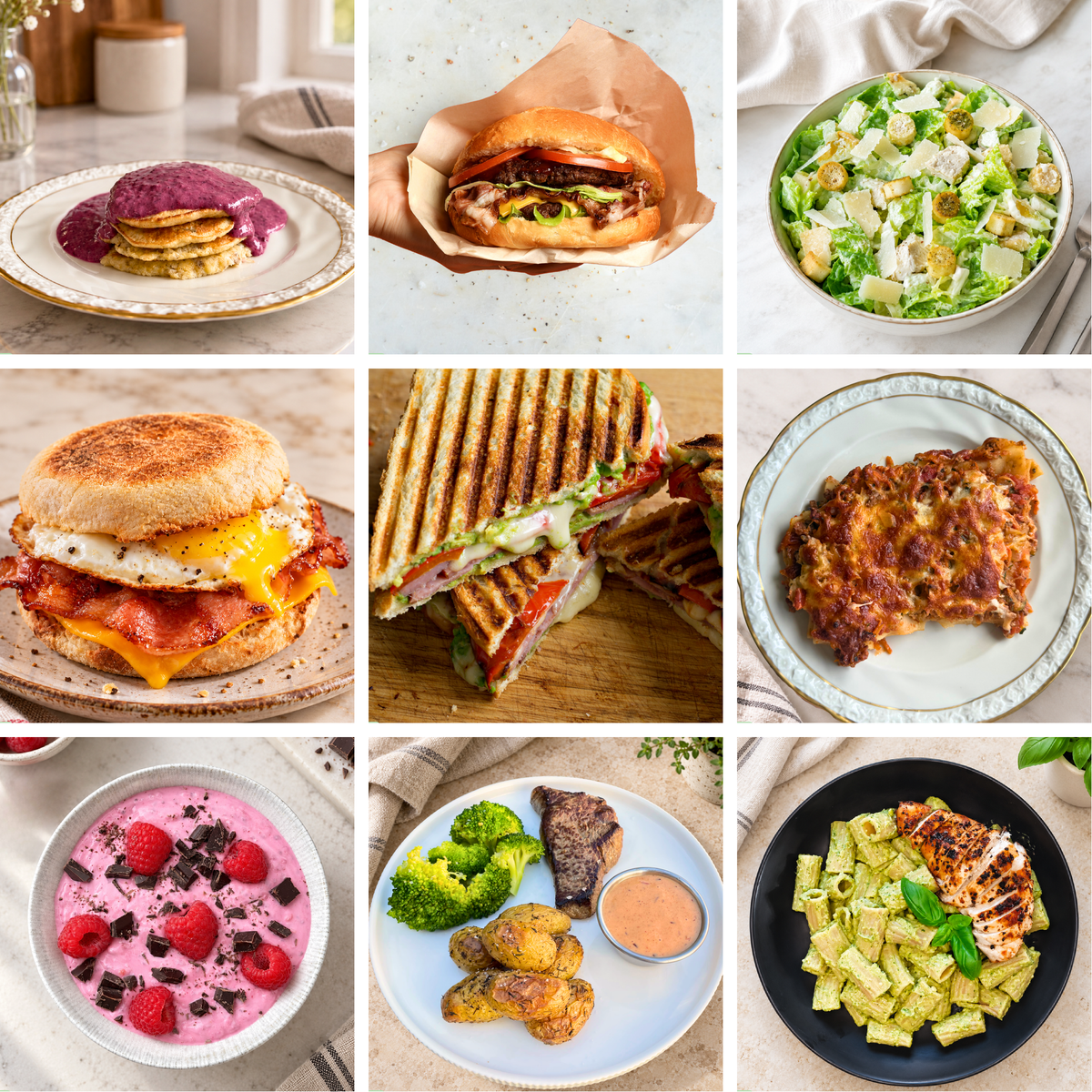 Ni retter fra Nem hverdagsmad: blandt andet pandekager, burger, cæsarsalat, panini og lasagne