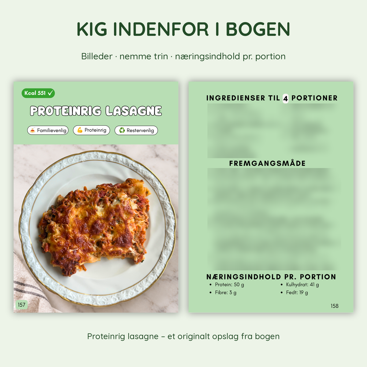 Originalt opslag med proteinrig lasagne fra Nem hverdagsmad. Ingredienser og fremgangsmåde er sløret.