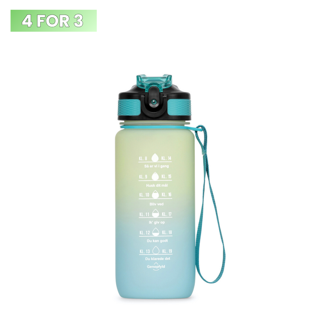 Vandflaske med tidsmarkering. BPA fri. kan komme i opvaskeren. tåler opvaskemaskine. Opvaskemaskinesikker. Drikkedunk til træning. Motivationsflaske. One-click åbning + sugerør. passer i køleskabslågen, samt bilens kopholder. mange farver
