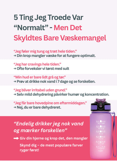 Vandflaske med tidsmarkering. BPA fri. kan komme i opvaskeren. tåler opvaskemaskine. Opvaskemaskinesikker. Drikkedunk til træning. Motivationsflaske. One-click åbning + sugerør. passer i køleskabslågen, samt bilens kopholder.