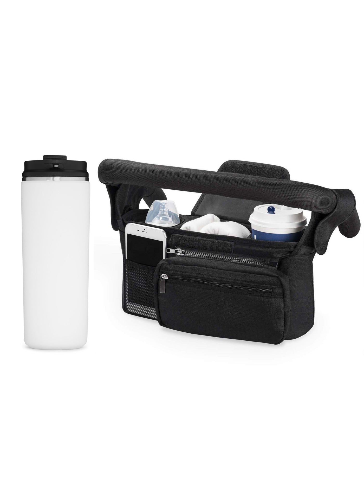 Barnevognstaske, taske til barnevogn, barnevogn organizer, barnevognstaske med kopholder, barnevognstaske med termokop, barnevogn taske med rum, praktisk barnevognstaske,500 ml termokop, termokop til barnevogn, termokrus med låg, termokop til kaffe og te, tåler opvaskemaskine. opvasker