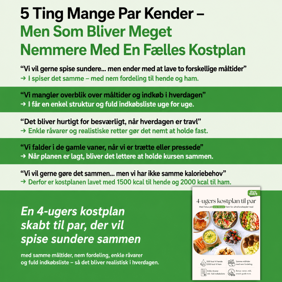 4-ugers kostplan til par (inkl. indkøbsliste)