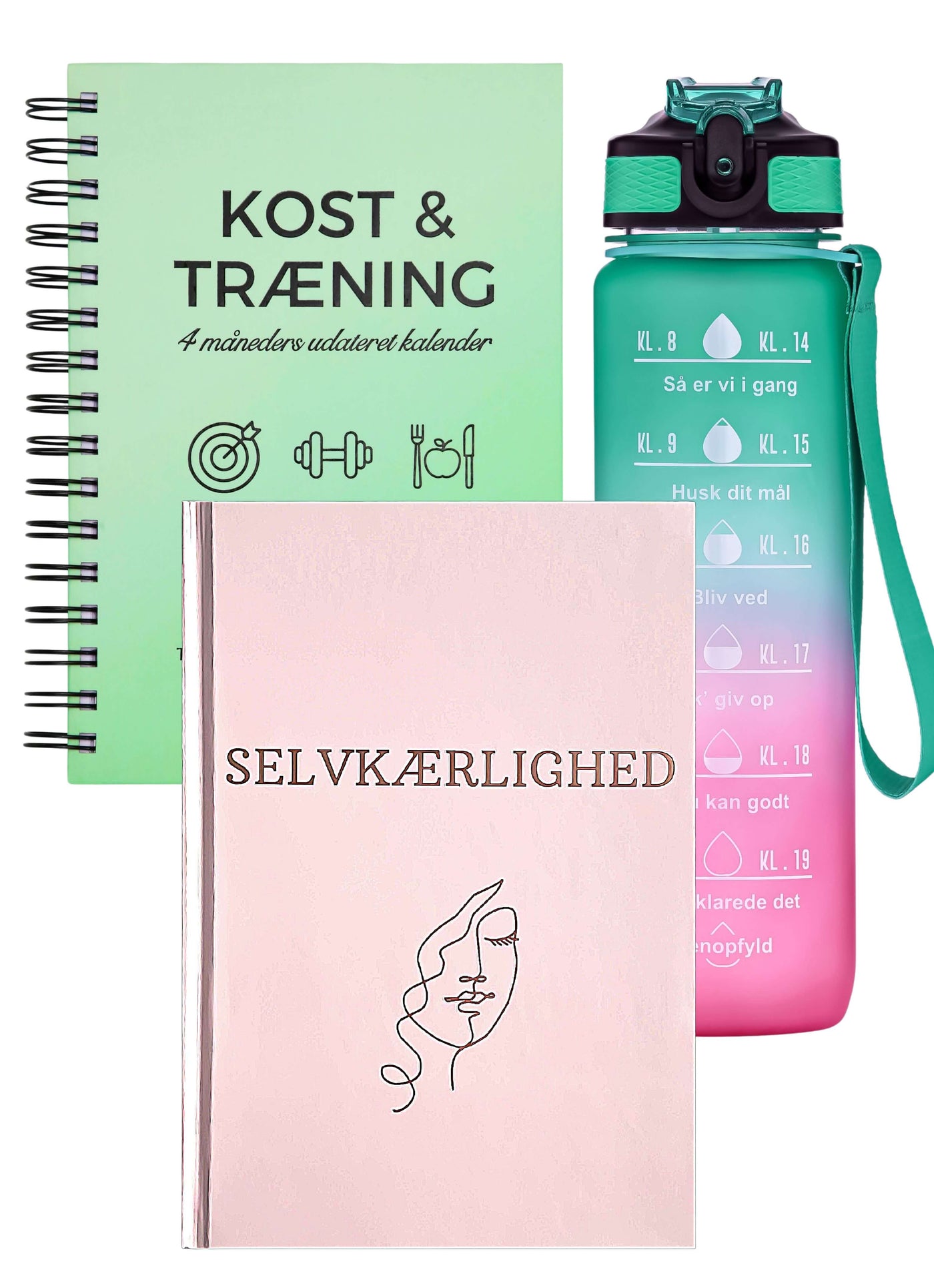 Bestsellerpakke Smart Makro, kostdagbog, træningsdagbog, selvkærlighedsbog, motivationsvandflaske. Sund livsstil, mental sundhed, fysisk sundhed, guides, inspiration, motivation, personlig udvikling, gaveidé. Madplan, træningsplan, fitness, tracking, søvn, skridt, vandindtag, målsætning, ugeplan, planlægning, kalender, fokusområder, evaluering, struktur, refleksion. Mental styrke, selvudvikling, 12 ugers guide, selvkærlige handlinger, citater, selvhjælp, humørhjul, øvelser, daglige handlinger. 