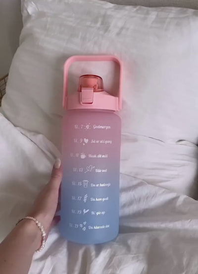 2L motivationsvandflaske med tidspåmindelser. Smart vandflaske til voksne. Drikkeflaske med sugerør og one-click åbning. BPA-fri og 100 % tæt. Opvaskemaskinesikker drikkedunk. Vandflaske til arbejde, bil, fitness og hverdagsbrug. Hjælp til at drikke mere vand. Flaske med mål og tidsmarkering. Sund livsstil. Bedre hydrering. Populær drikkeflaske til kvinder og mænd. Smart Makro flaske. Stor vandflaske med motiverende design. dansk tekst.