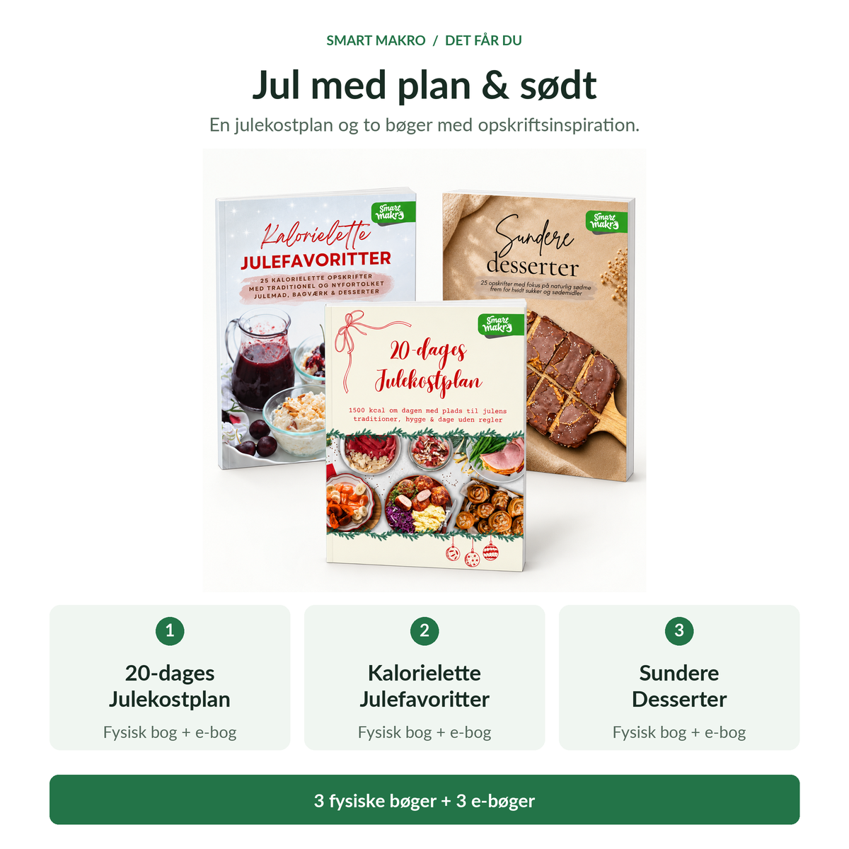 Det får du: Julekostplan, Julefavoritter og Sundere Desserter som tre fysiske bøger og tre e-bøger.