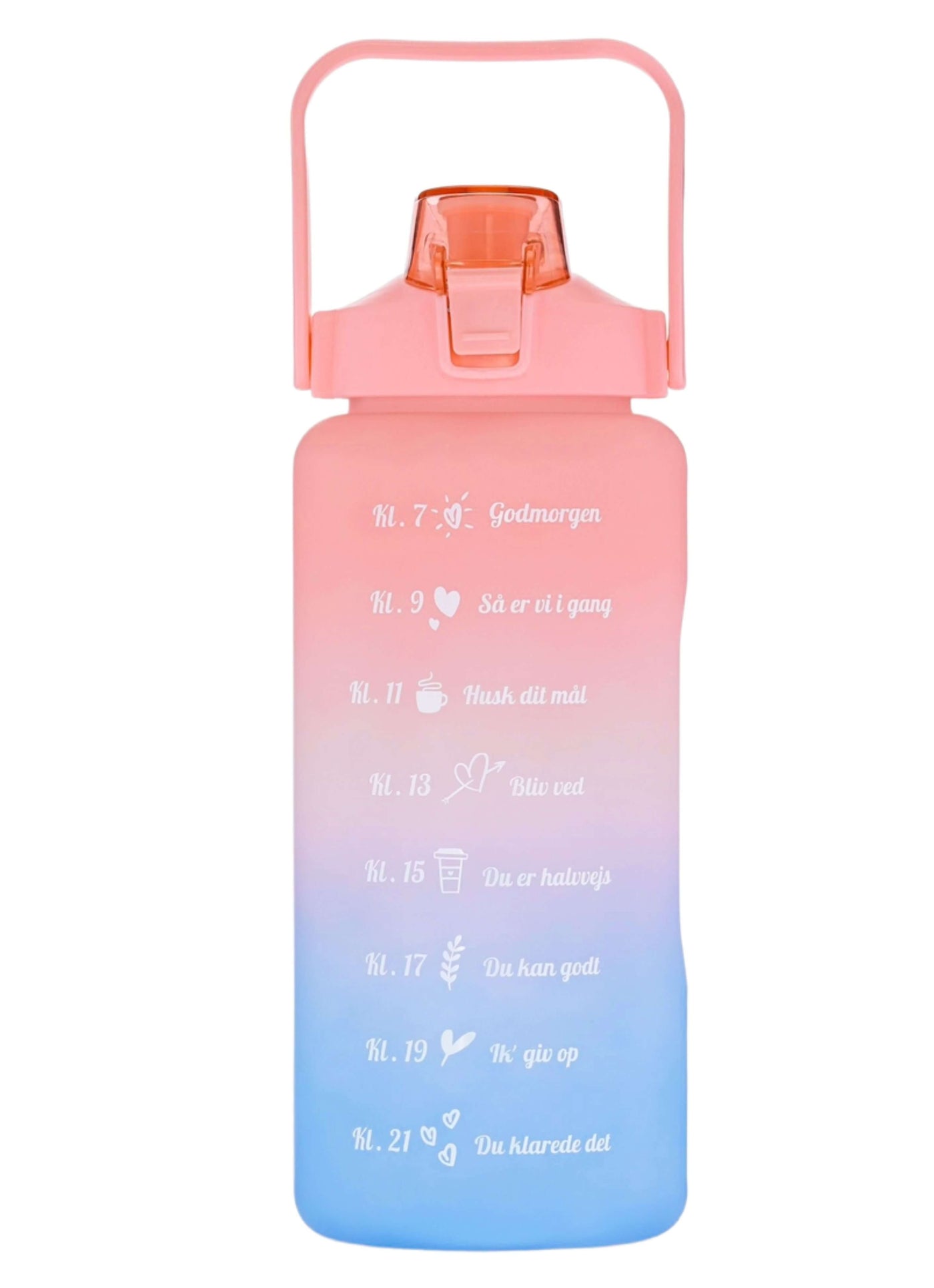 2L motivationsvandflaske med tidspåmindelser. Smart vandflaske til voksne. Drikkeflaske med sugerør og one-click åbning. BPA-fri og 100 % tæt. Opvaskemaskinesikker drikkedunk. Vandflaske til arbejde, bil, fitness og hverdagsbrug. Hjælp til at drikke mere vand. Flaske med mål og tidsmarkering. Sund livsstil. Bedre hydrering. Populær drikkeflaske til kvinder og mænd. Smart Makro flaske. Stor vandflaske med motiverende design.