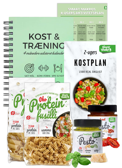 Vægttabspakke, vægttab kostplan, 1500 kcal kostplan, sund madplan, vægttab træningsplan, hjemmetræning for begyndere, kost- og træningsdagbog, proteinpasta, højprotein pasta, kalorielet pesto, sunde opskrifter, nem kostplan, 2 ugers kostplan, vægttab uden sult, sund livsstil, hurtig levering, vægttab for kvinder, vægttab for mænd, sunde vaner, kaloriefattig mad, sunde måltider, nem træningsplan, økologisk pasta, lavkalorie pesto, vægttab guide.